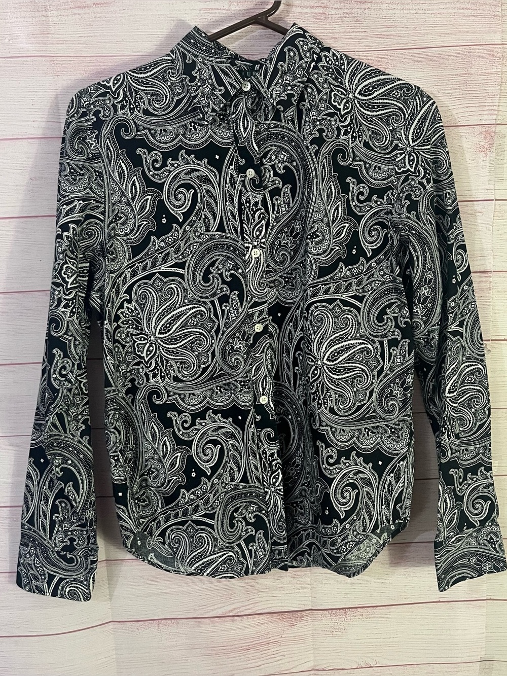 Lauren Ralph Lauren Black White Non Iron Paisley Long Sleeve Button Up Shirt XS